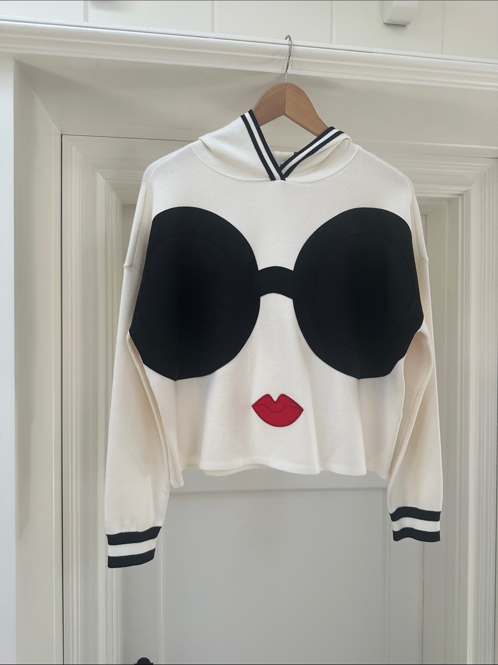 Alice + Olivia Cream Hoodie with Black Trim Detail